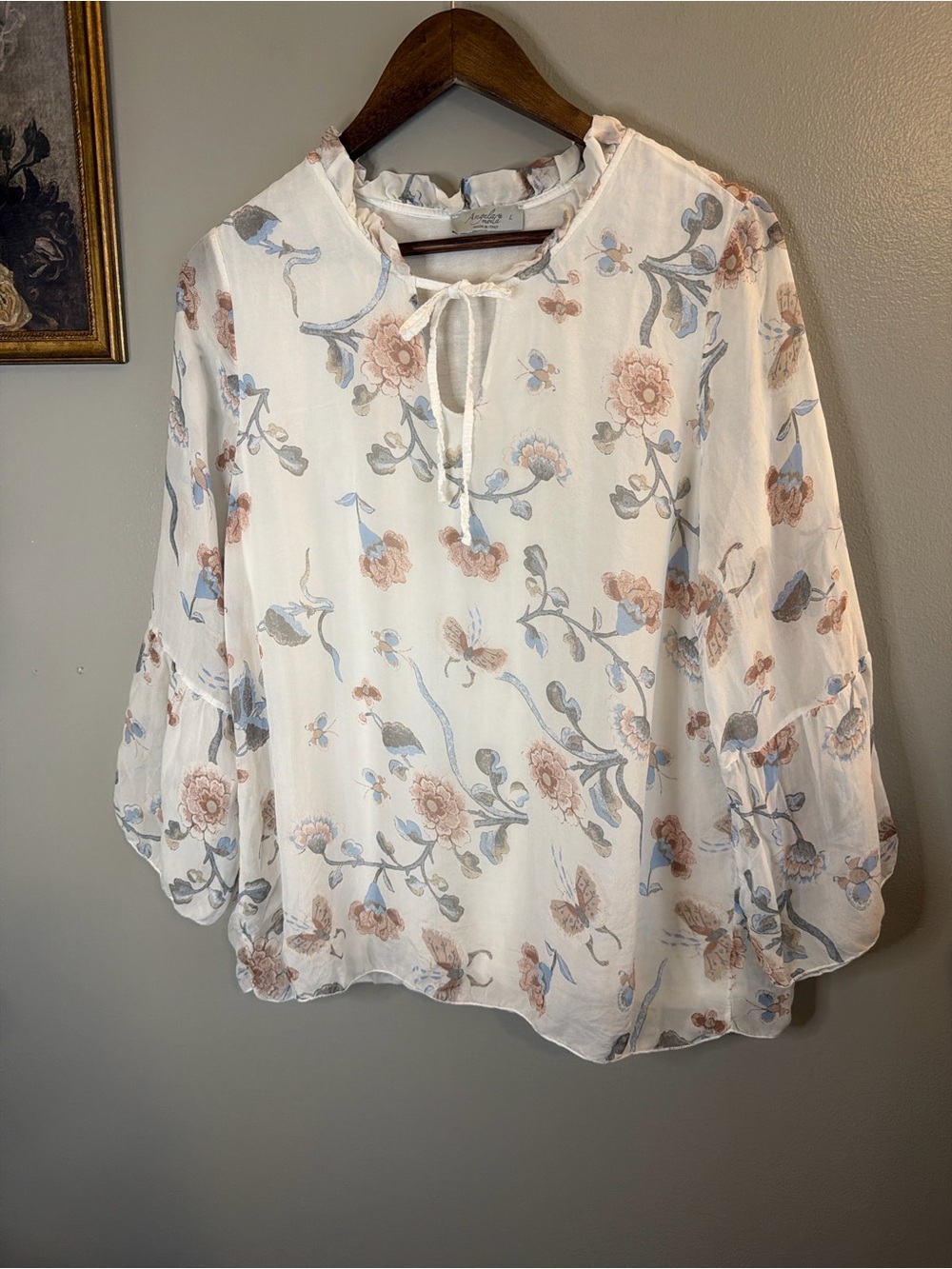Angela Moda Made in Italy 100% Silk Floral Peasant Blouse Large Boho Cottagecore - Picture 3 of 8